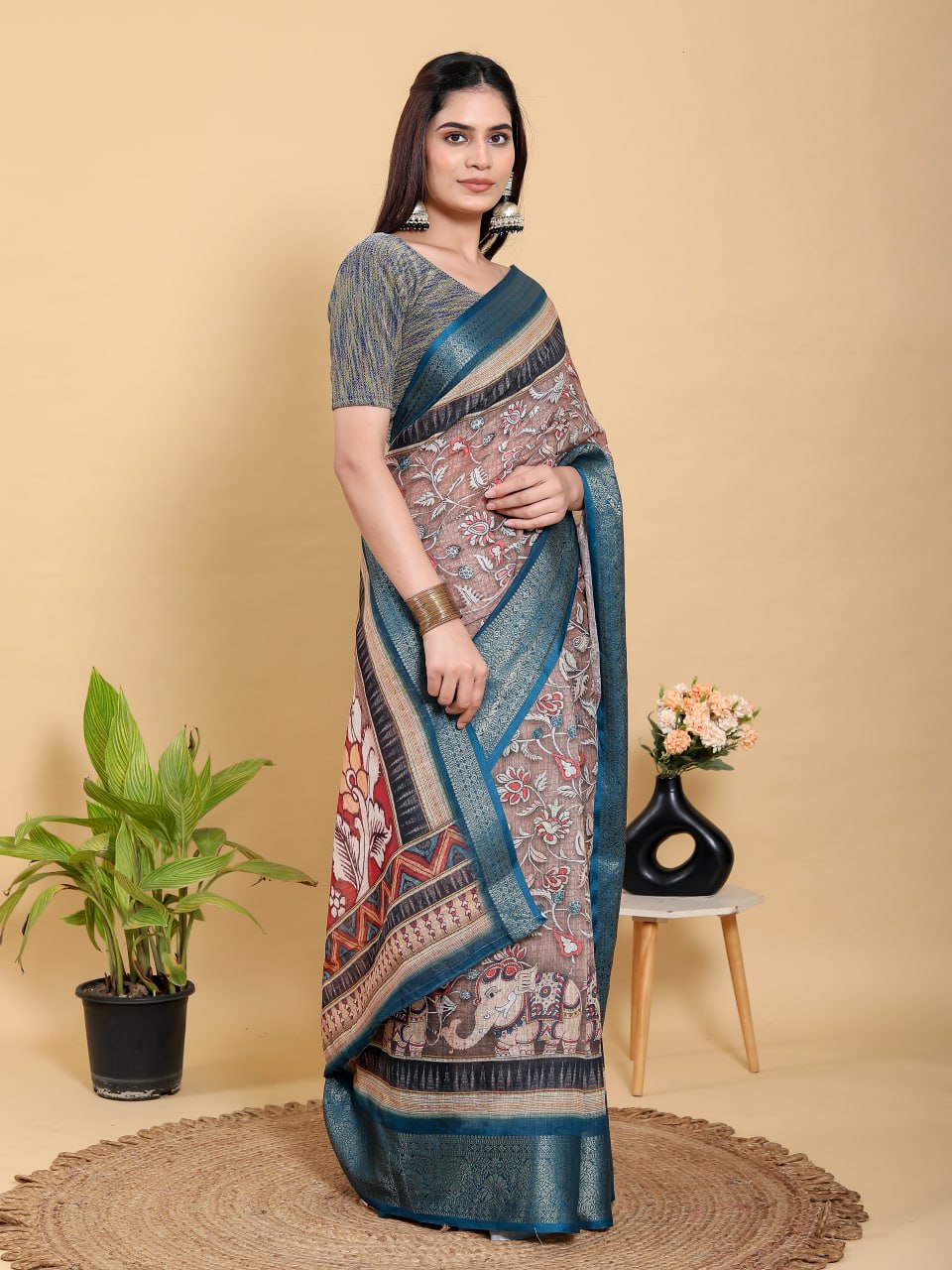Heritage Brown & Teal Artistic Linen Cotton Saree | Kalamkari/Pichwai Style with Jacquard Border